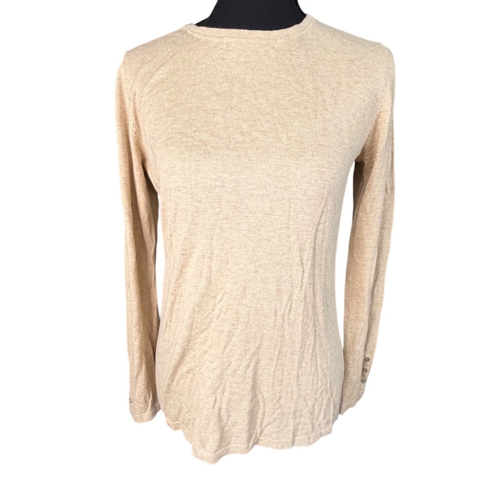 J.McLaughlin Womens Small Oatmeal Beige Cotton Modal Knit Top Button Cuff Sleeve